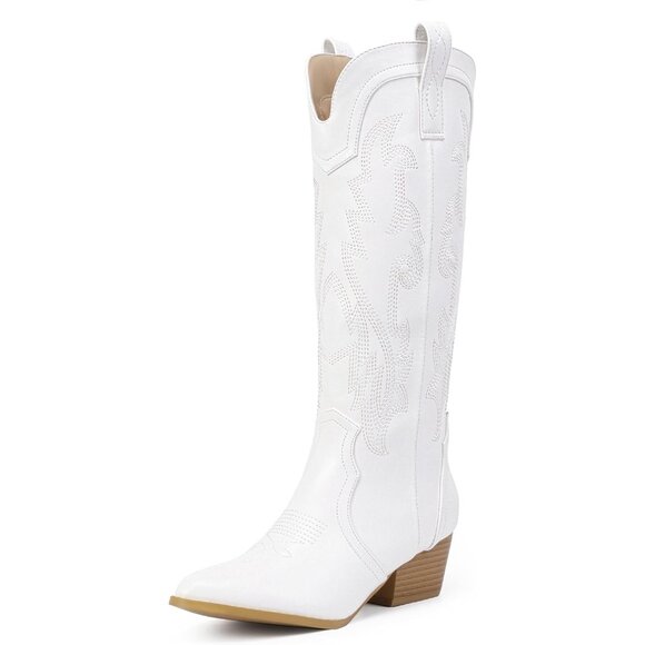 Women's White Cowgirl Knee High Western Tall Boot Chunky Low Pointed Toe Booties - Picture 1 of 6